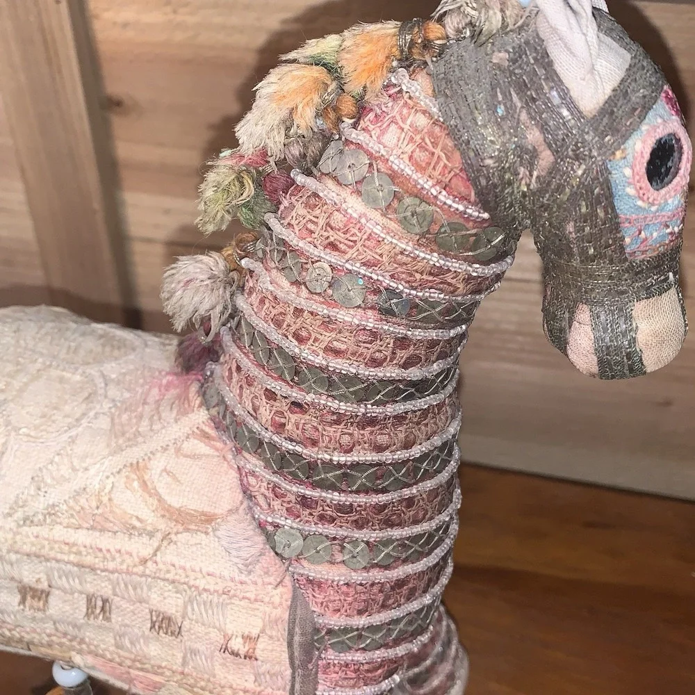 VTG India Folk Art Horse Hand Woven Fabric Mirrors Beads BOHO Rajasthan MCM 12